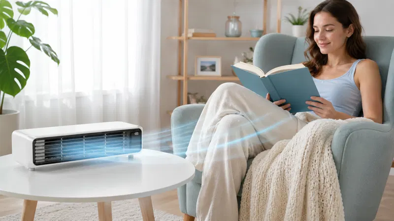 Smarter AirZuma-Luftreiniger, der Allergene aktiv filtert und frische Luft im Schlafzimmer verteilt.
